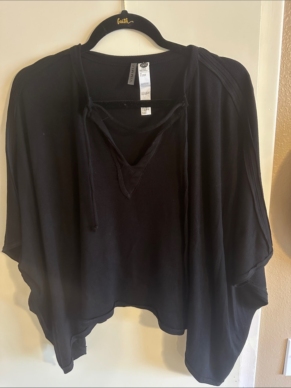 Vimmia Black Draped Poncho Top with V-Neck Tie